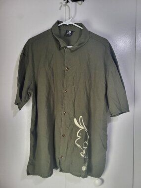 Apari XL Linen Bunny Wisp Button Down Shirt Streetwear Art Olive Green Rabbit
